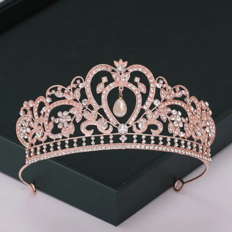 Trendy Rose Gold Crystal Tiaras Crowns Princess Party Hair Accessory