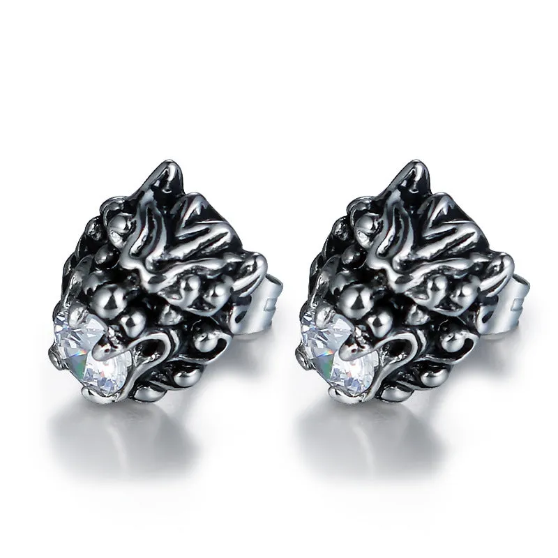 Trendy Titanium Steel Lion Head Stud Earrings with Personalized Zircon for Men and Women