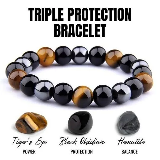Triple Protection Charm Bracelet – Black Obsidian, Tiger’s Eye, and Hematite Elastic Crystal Jewelry for Men & Women