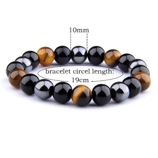 Triple Protection Charm Bracelet – Black Obsidian, Tiger’s Eye, and Hematite Elastic Crystal Jewelry for Men & Women