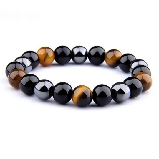 Triple Protection Charm Bracelet – Black Obsidian, Tiger’s Eye, and Hematite Elastic Crystal Jewelry for Men & Women