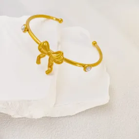 Vintage Bow Shaped Dual Pearl Inlaid Gold Bracelet JLTB0640
