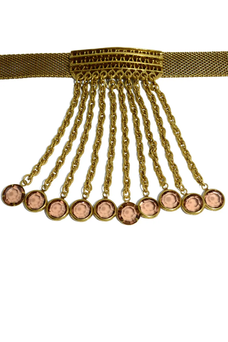 Vintage Goldette Mesh Fringe Crystal Drop Choker Necklace & Earrings