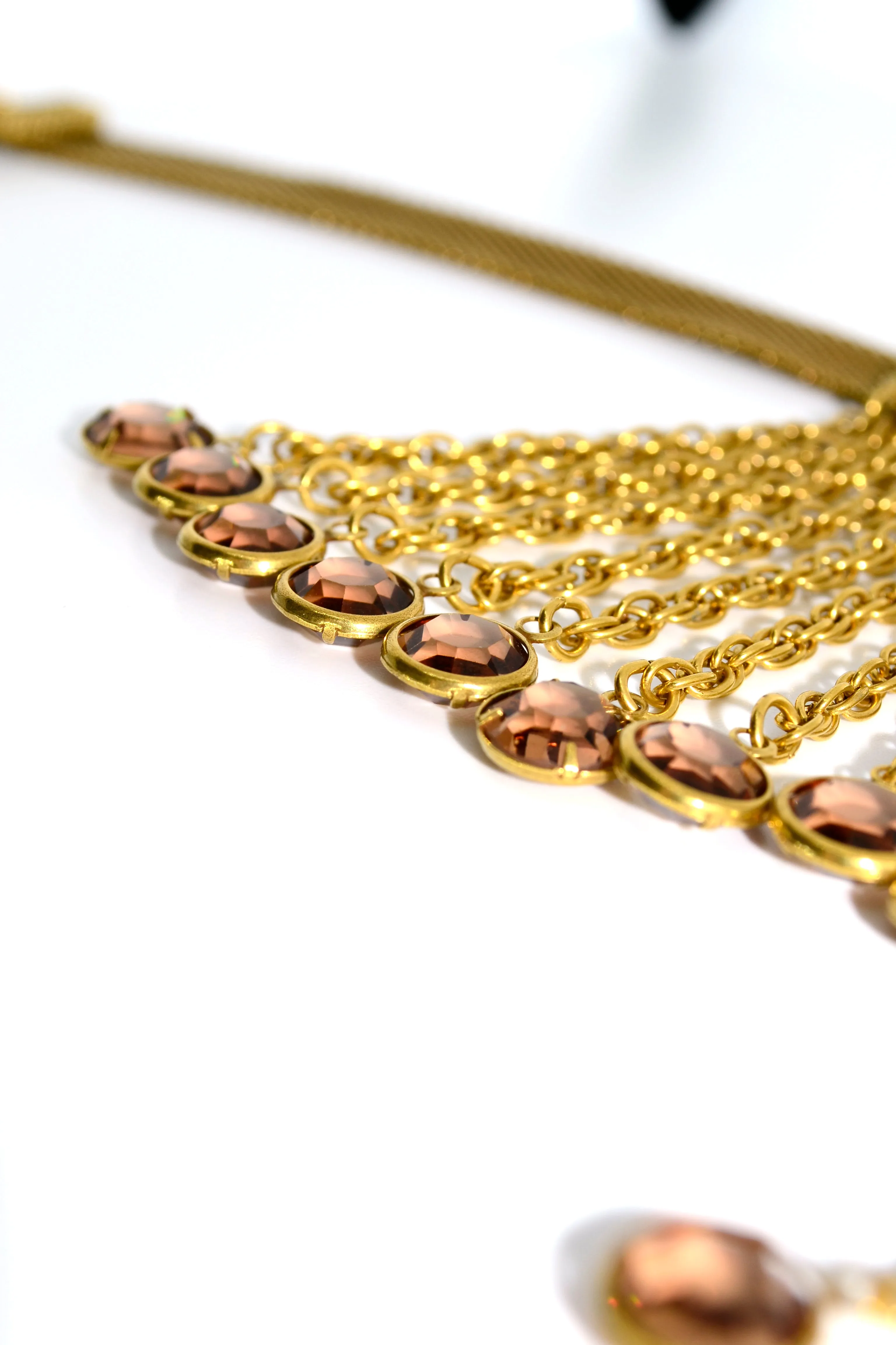 Vintage Goldette Mesh Fringe Crystal Drop Choker Necklace & Earrings