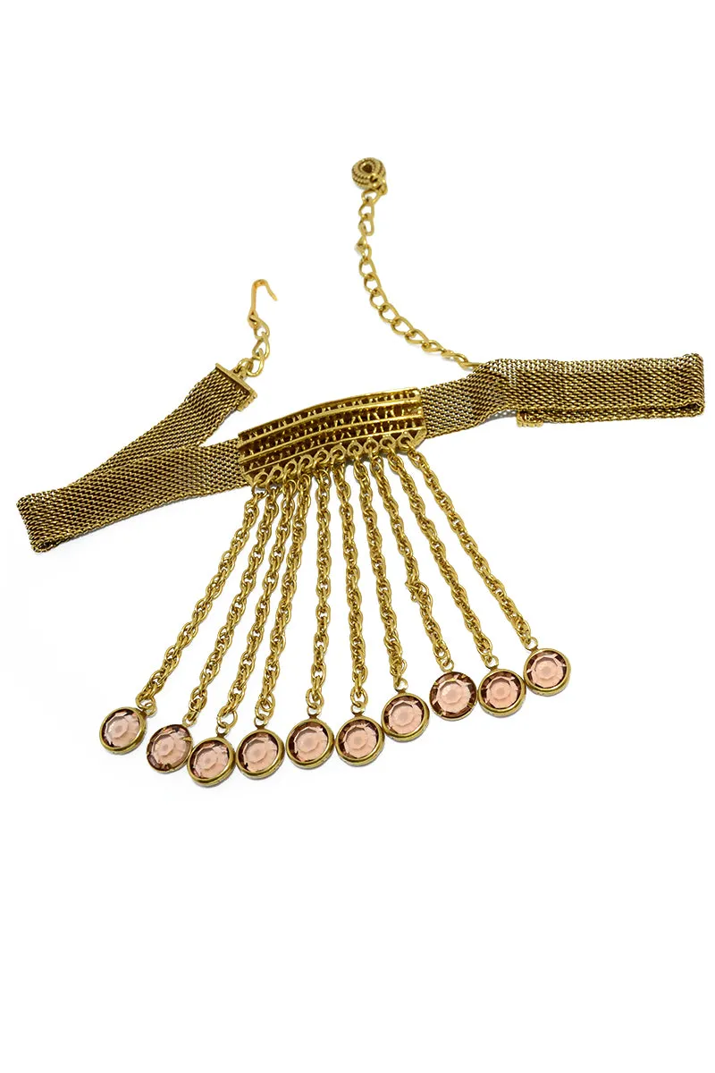 Vintage Goldette Mesh Fringe Crystal Drop Choker Necklace & Earrings