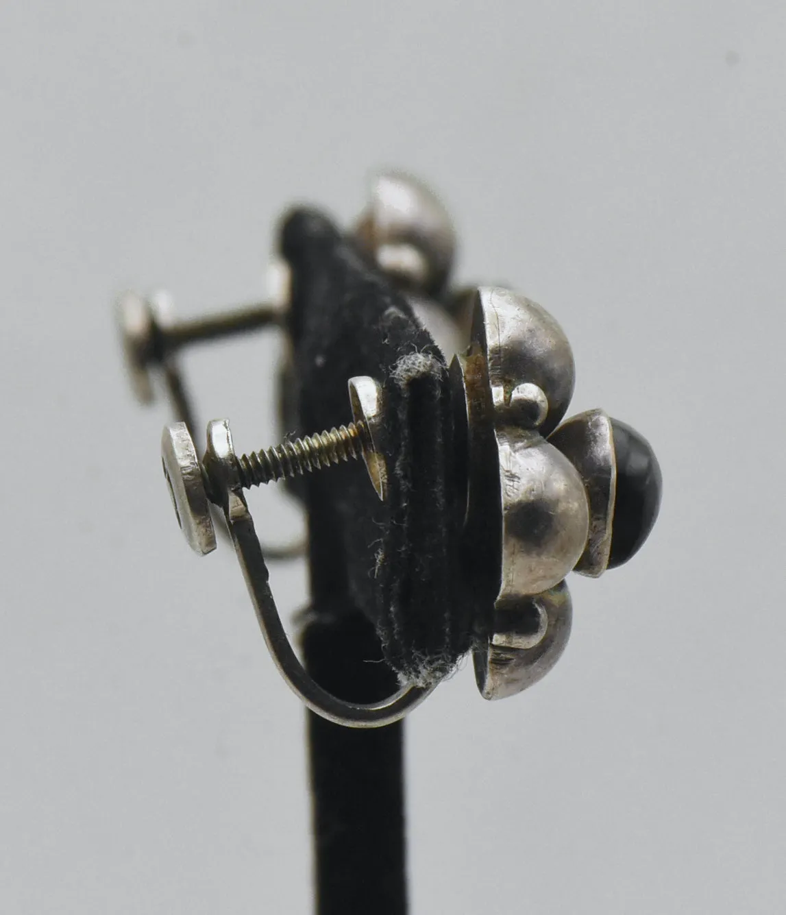 Vintage Handmade Silver and Obsidian Screw Back Earrings