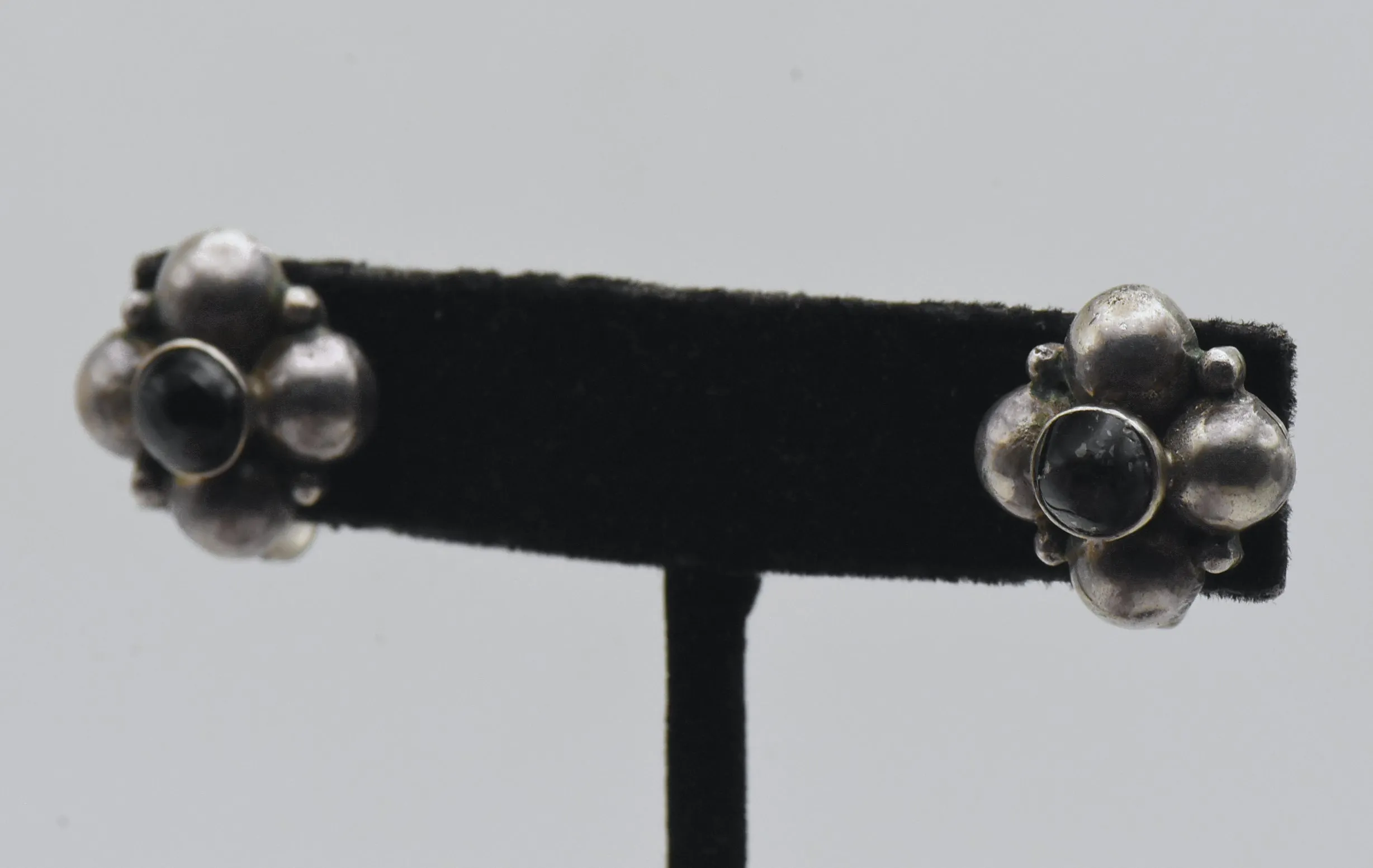 Vintage Handmade Silver and Obsidian Screw Back Earrings