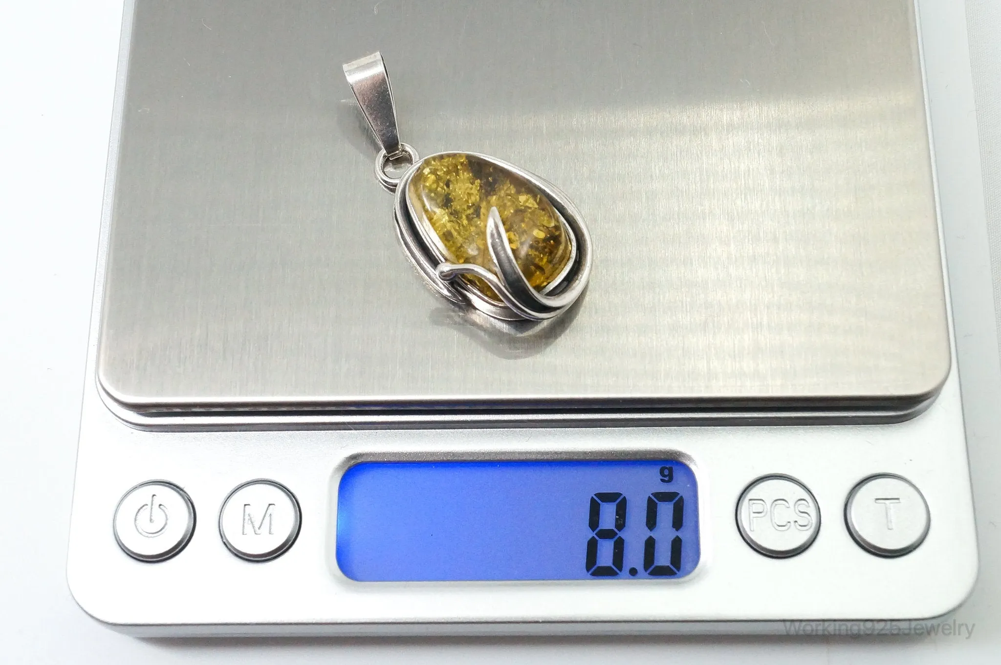 Vintage Honey Amber Modernist Sterling Silver Necklace Pendant