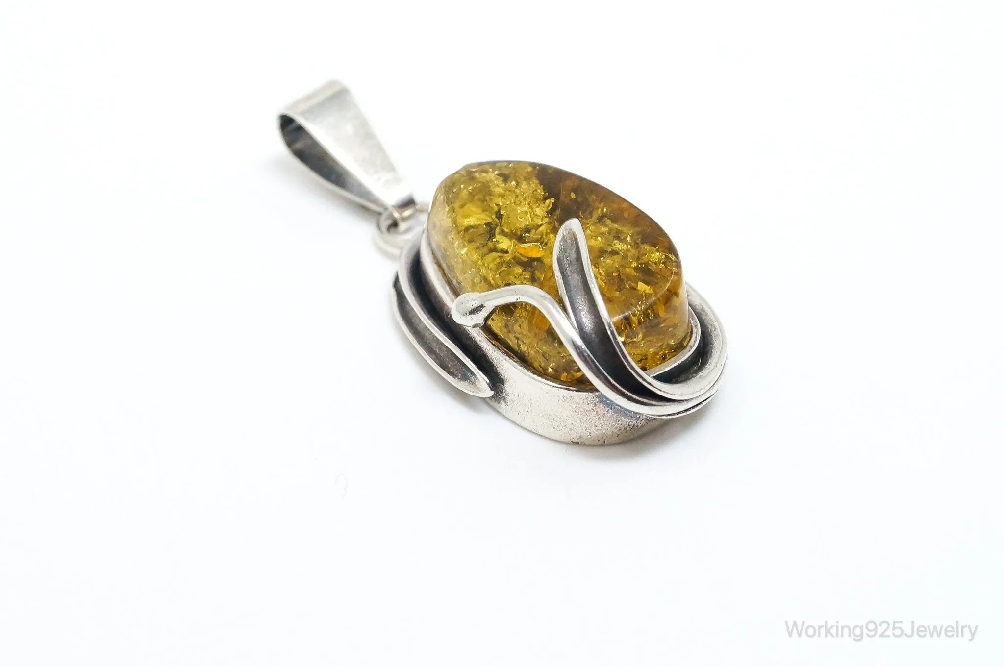 Vintage Honey Amber Modernist Sterling Silver Necklace Pendant