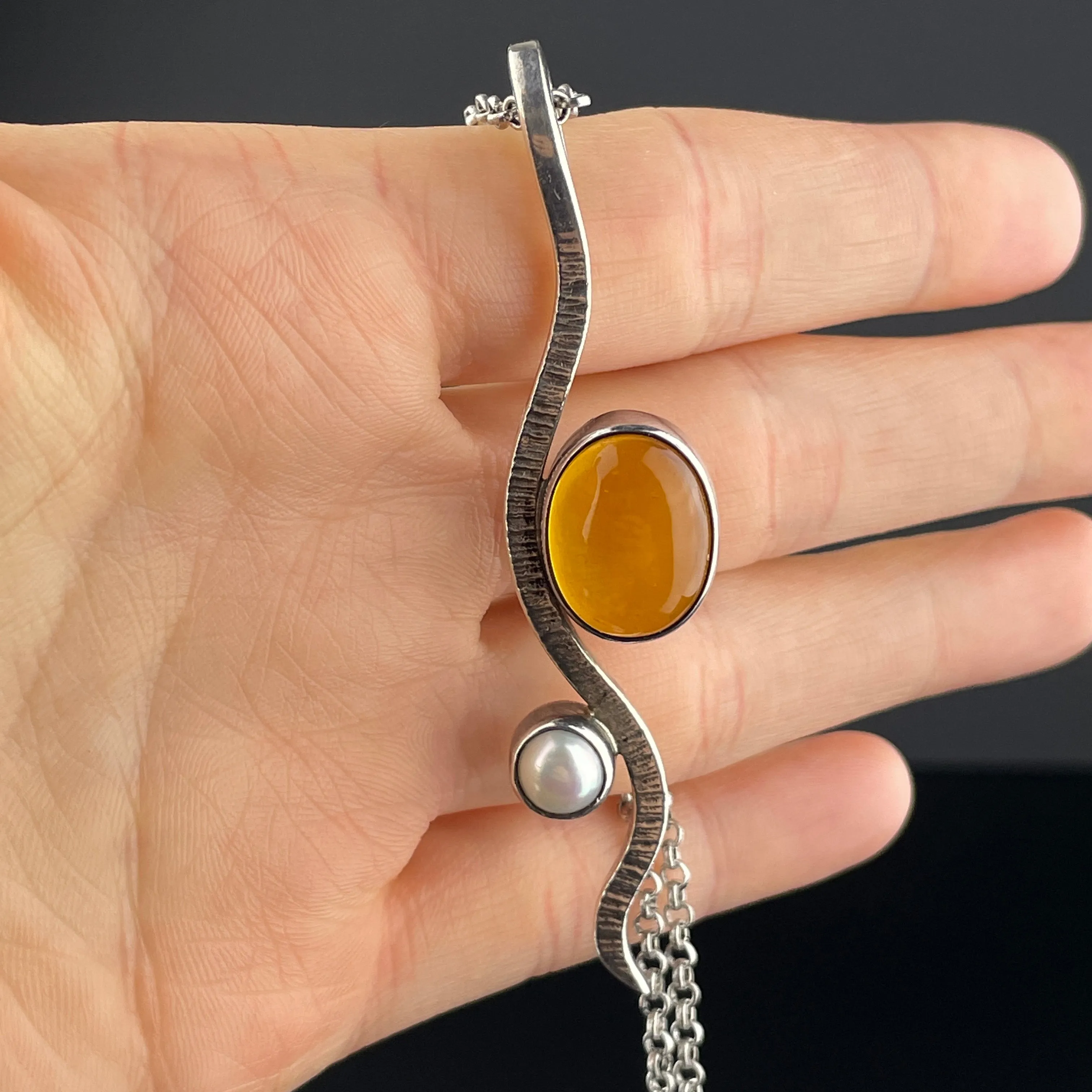 Vintage Silver Amber Pearl Pendant Necklace