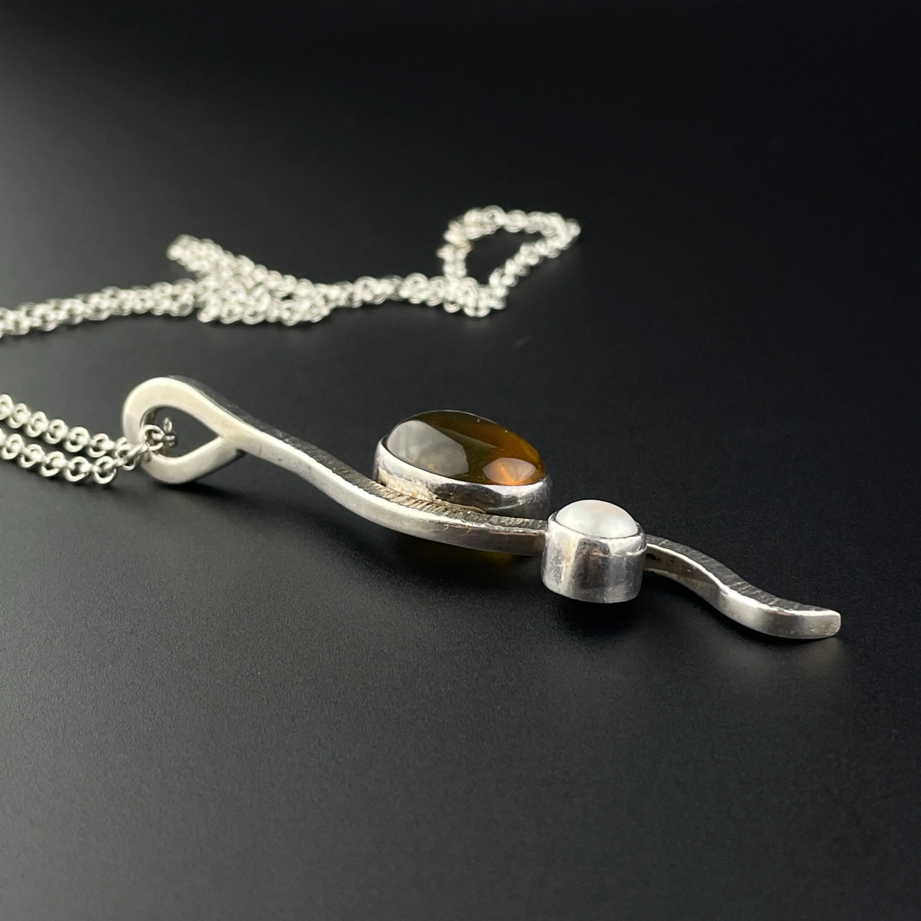 Vintage Silver Amber Pearl Pendant Necklace