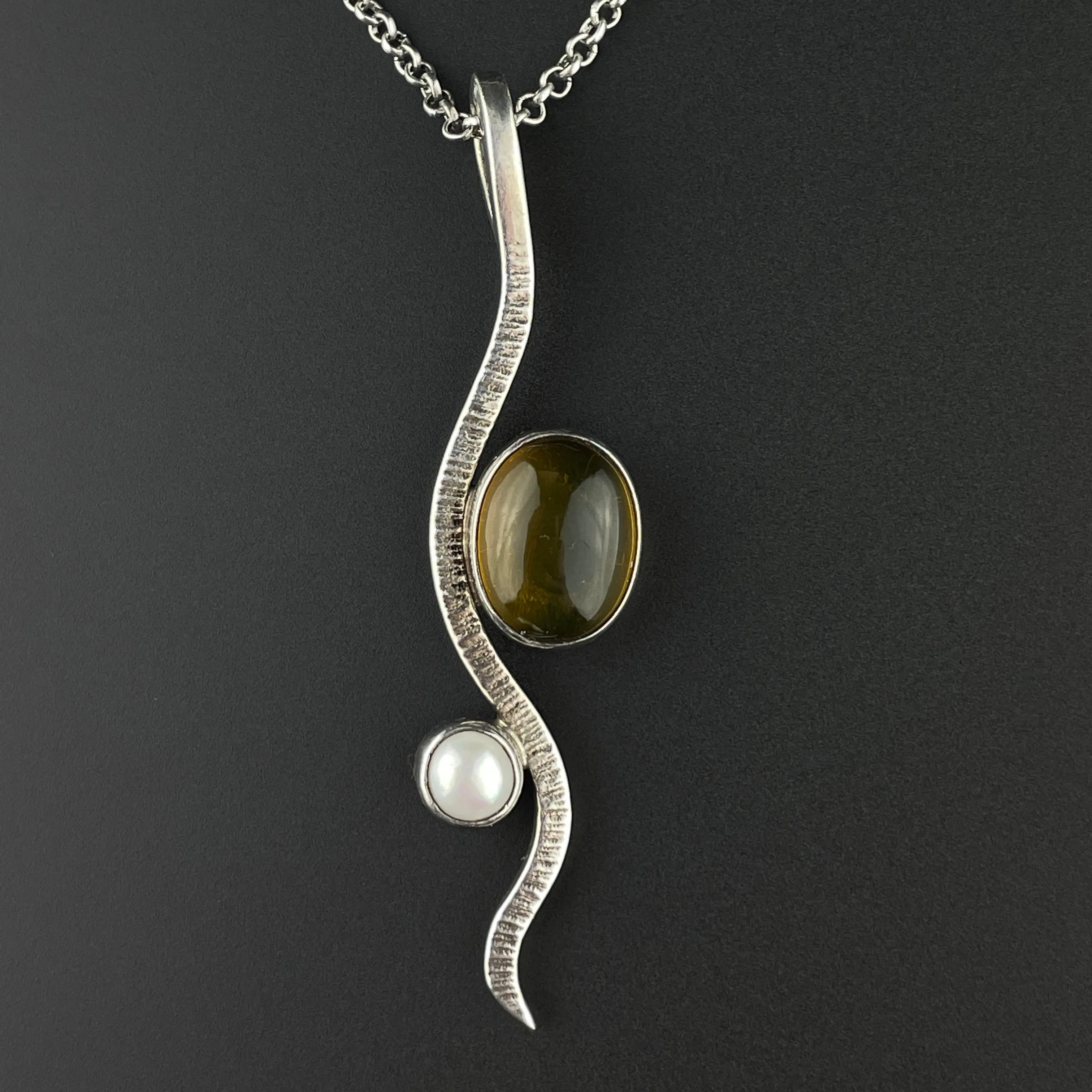 Vintage Silver Amber Pearl Pendant Necklace