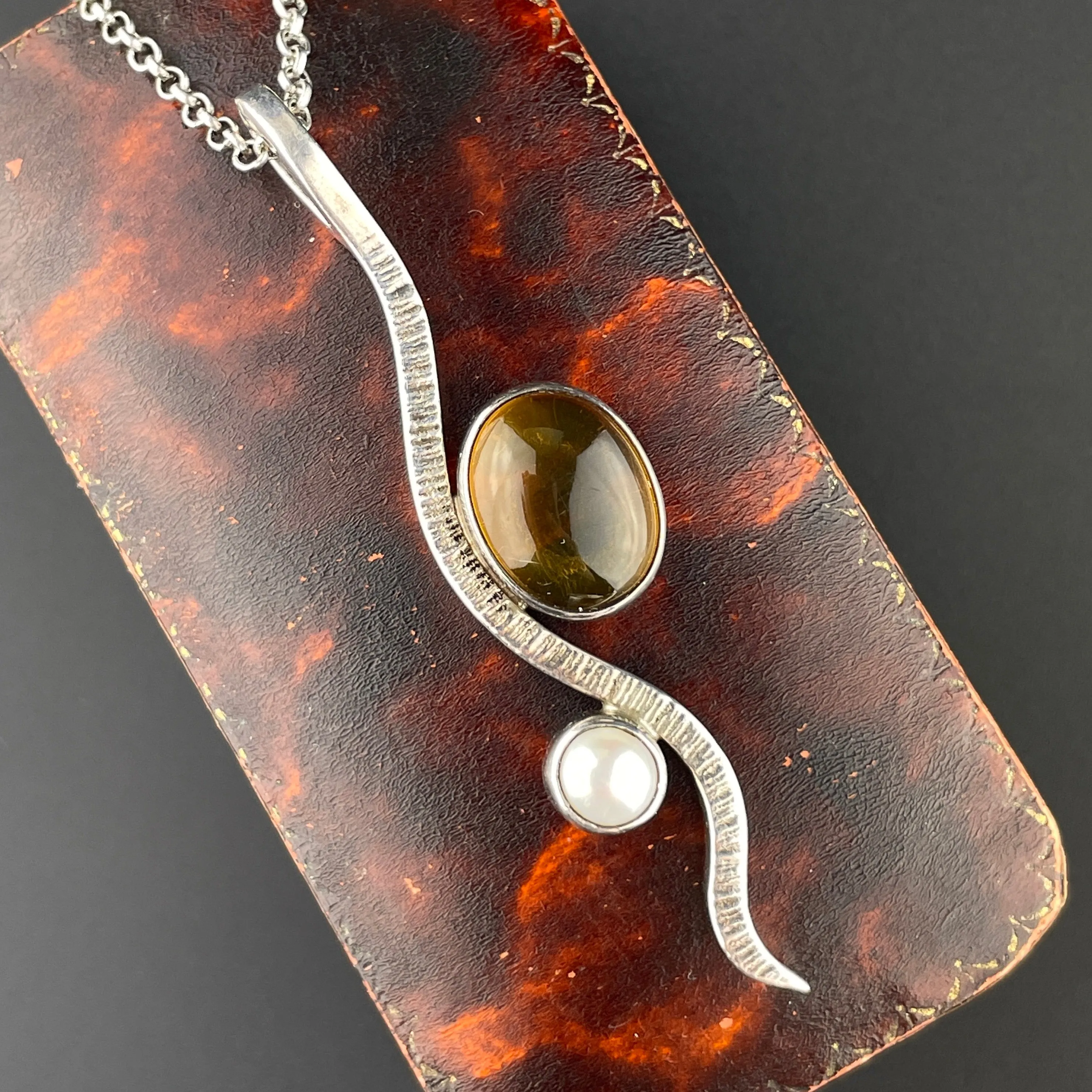 Vintage Silver Amber Pearl Pendant Necklace