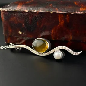 Vintage Silver Amber Pearl Pendant Necklace