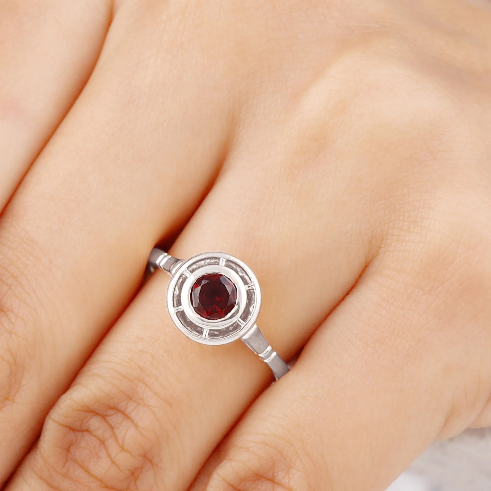 Vintage Style Bezel Set Garnet Solitaire Ring