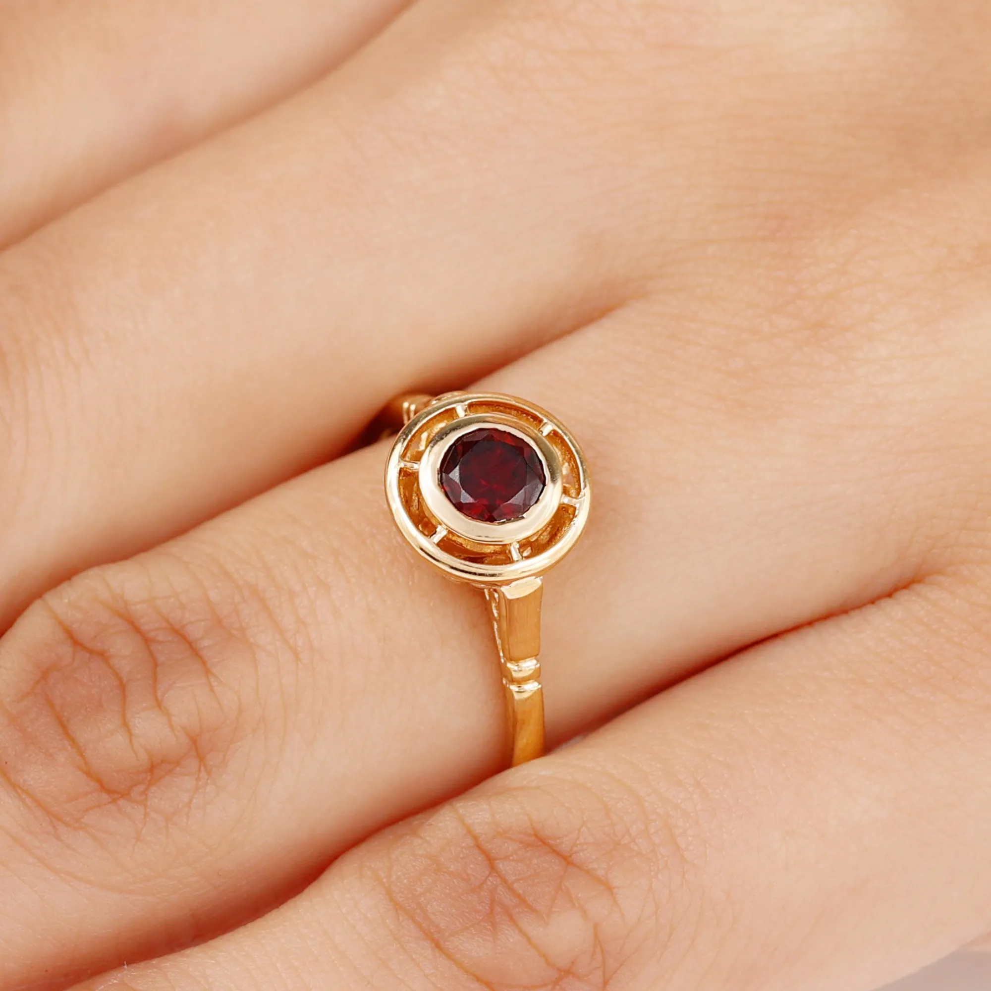 Vintage Style Bezel Set Garnet Solitaire Ring