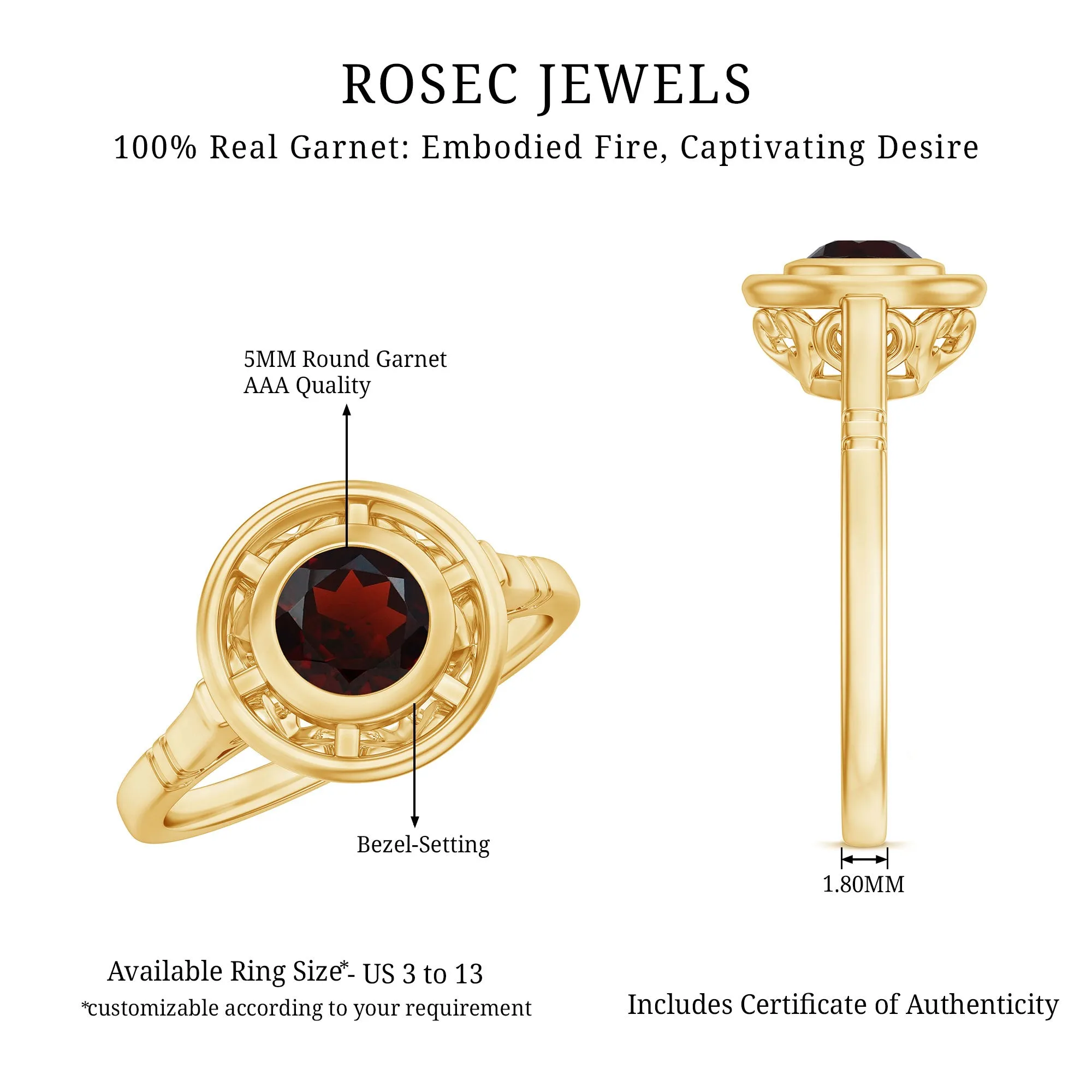Vintage Style Bezel Set Garnet Solitaire Ring