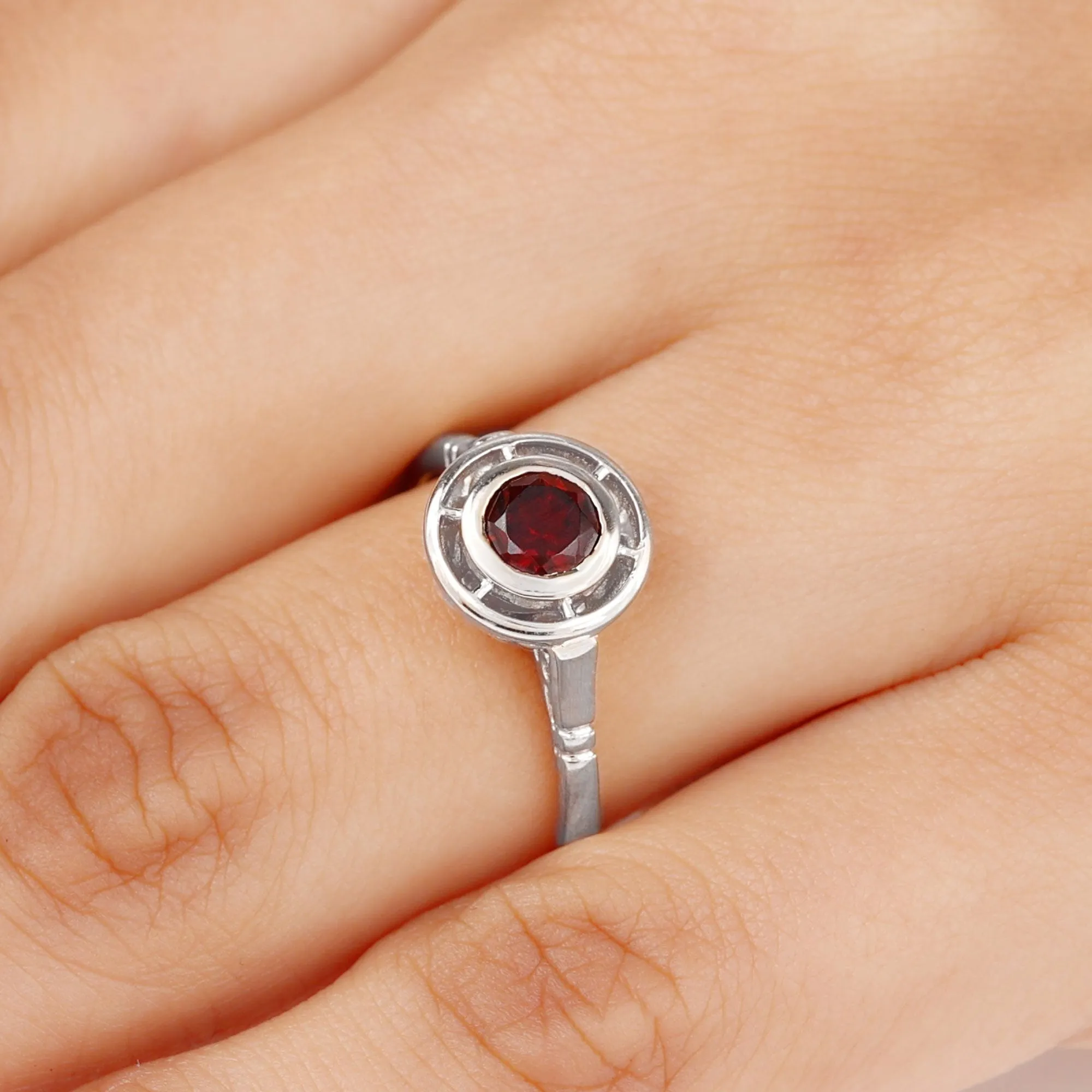 Vintage Style Bezel Set Garnet Solitaire Ring