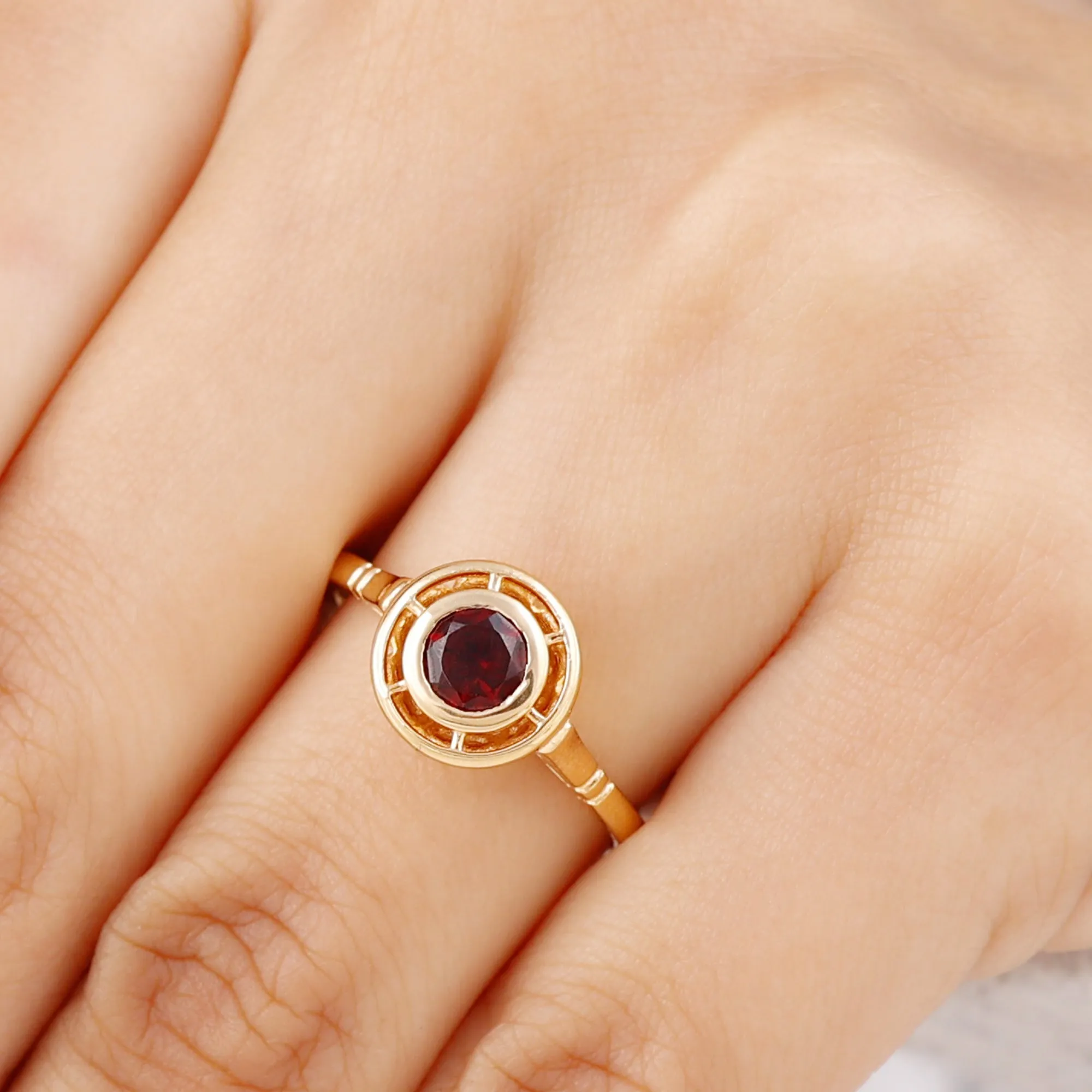 Vintage Style Bezel Set Garnet Solitaire Ring