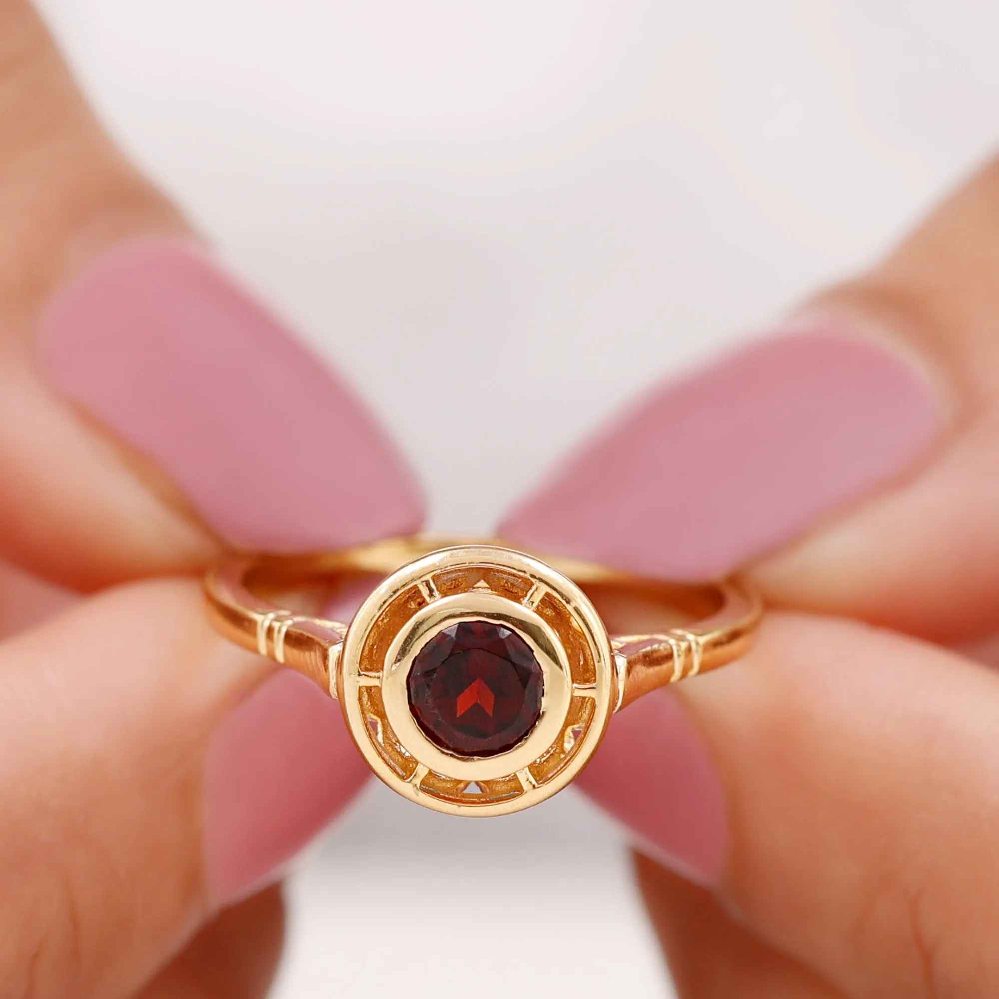 Vintage Style Bezel Set Garnet Solitaire Ring