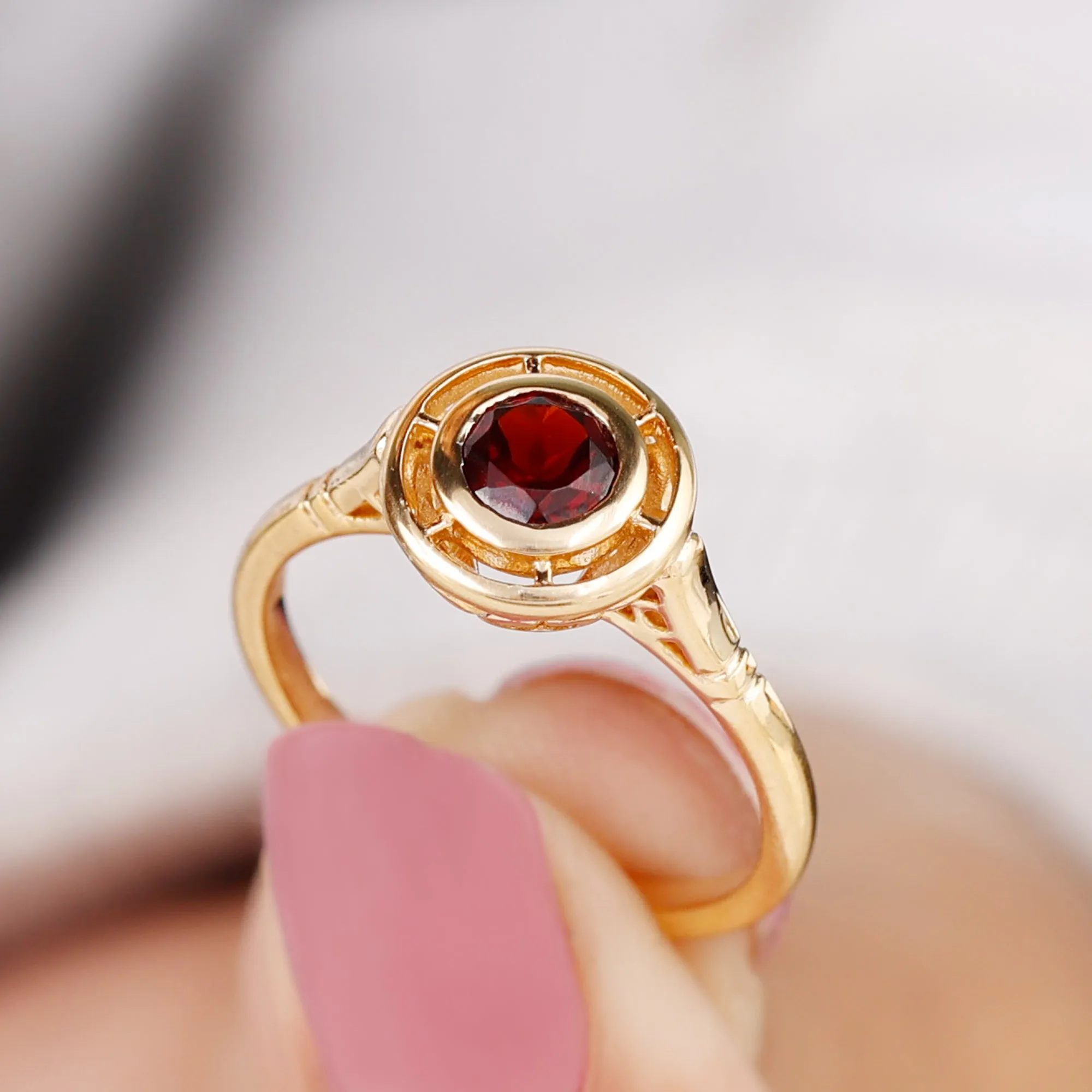 Vintage Style Bezel Set Garnet Solitaire Ring