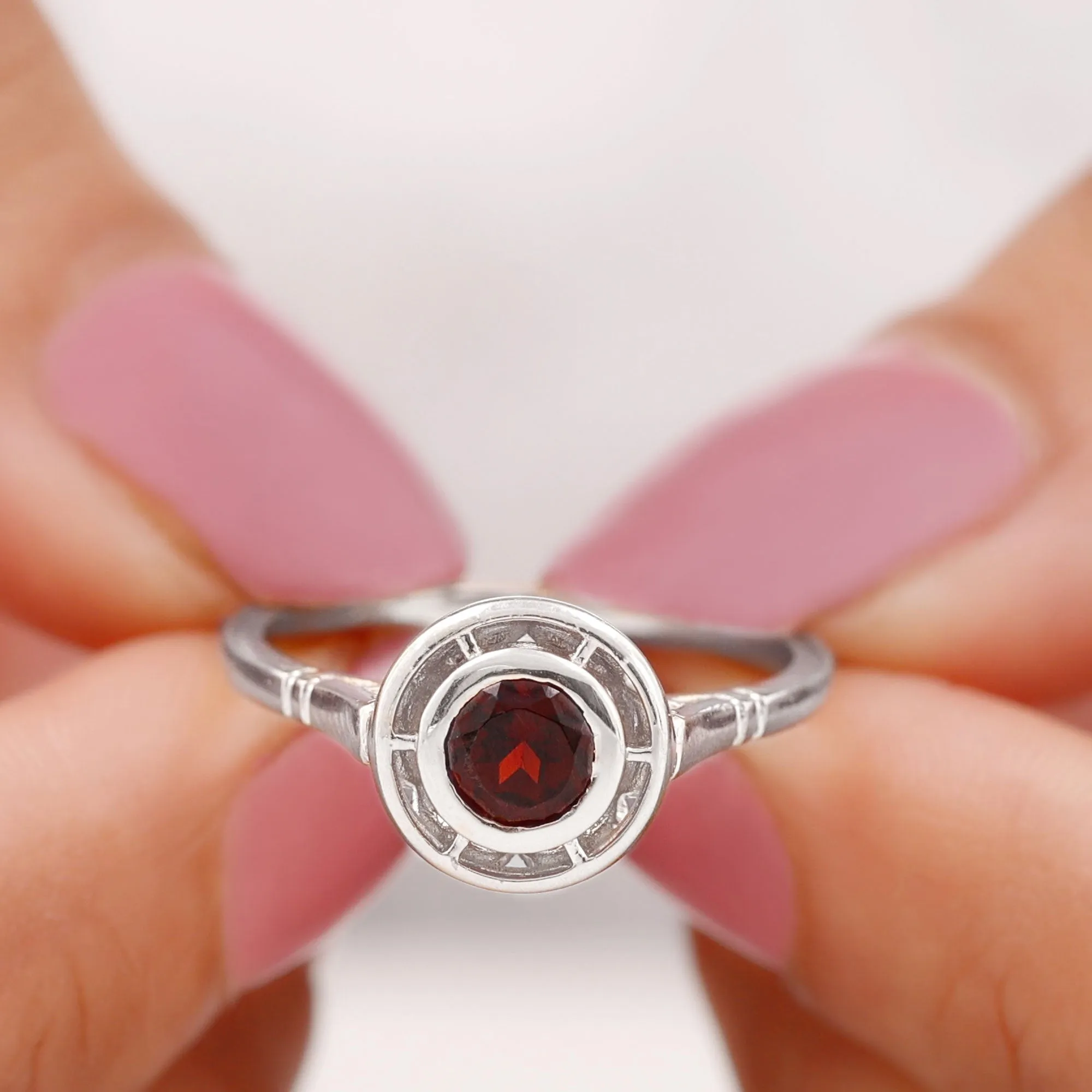 Vintage Style Bezel Set Garnet Solitaire Ring