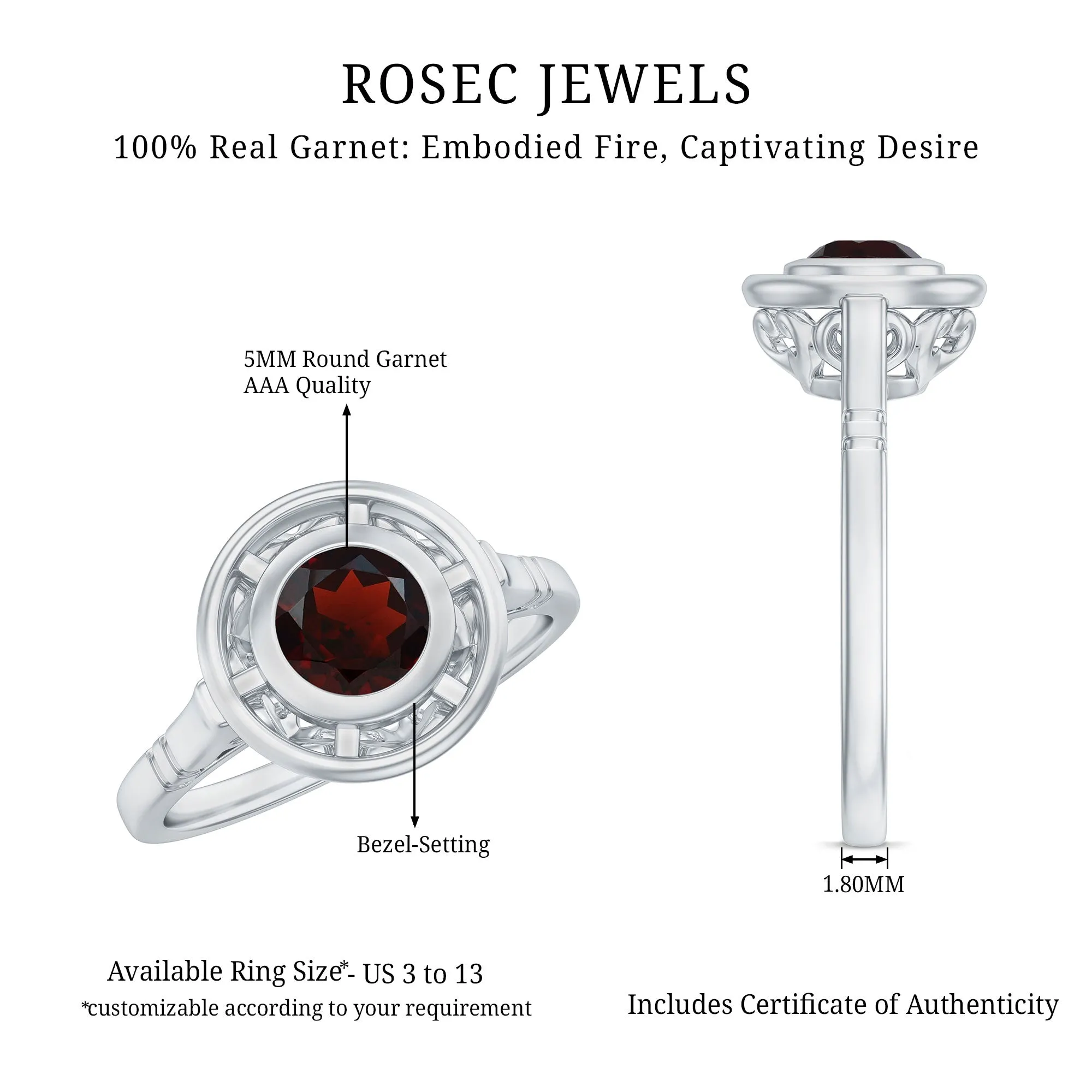 Vintage Style Bezel Set Garnet Solitaire Ring