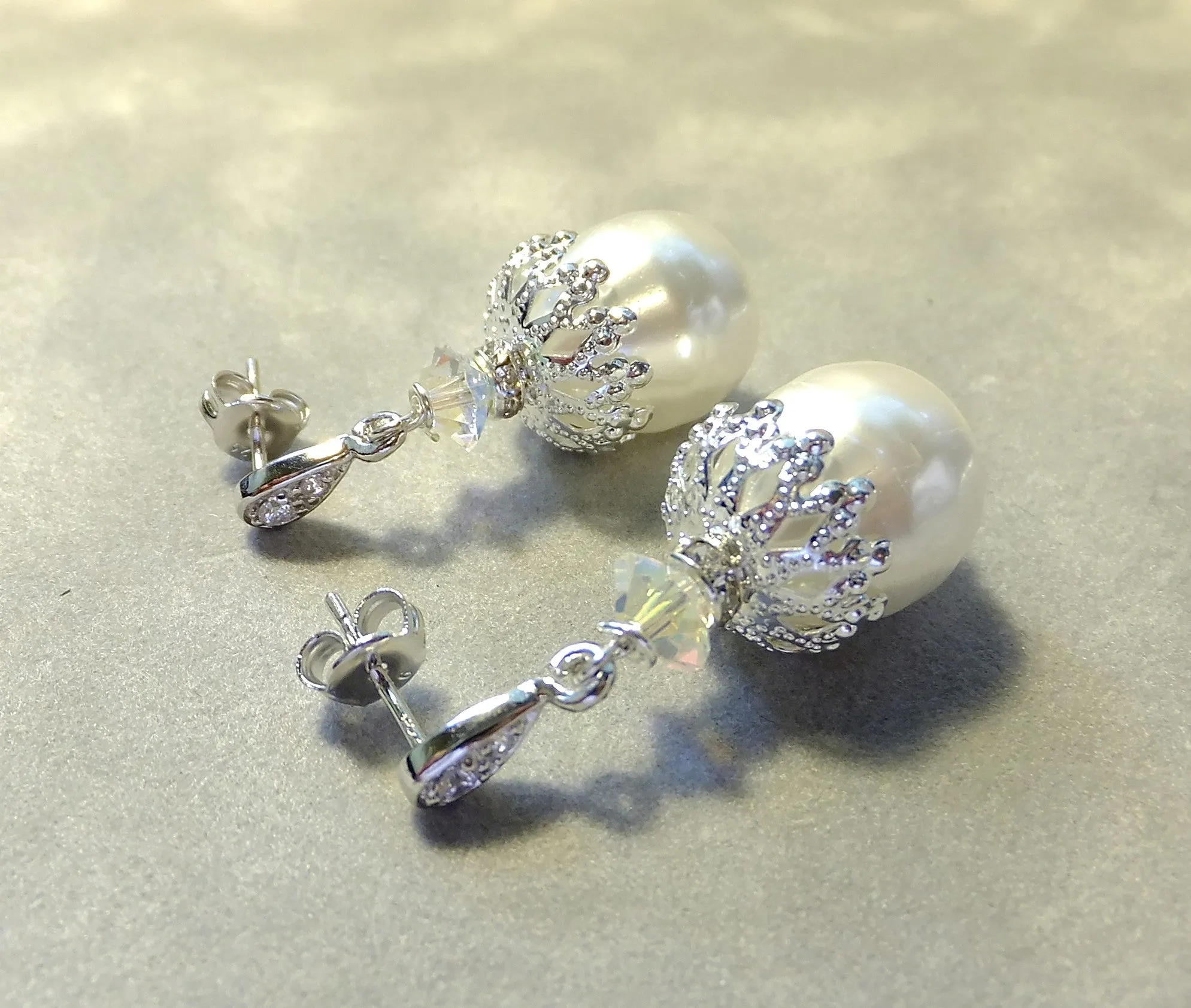 Vintage White Mother Of Pearl Earrings in Sterling Silver
