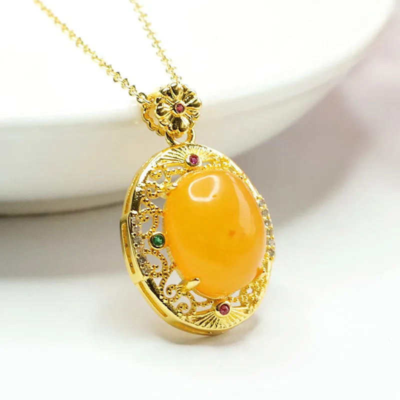 Vintage Zircon Hollow Beeswax Amber Pendant Necklace with Golden Sterling Silver Chain