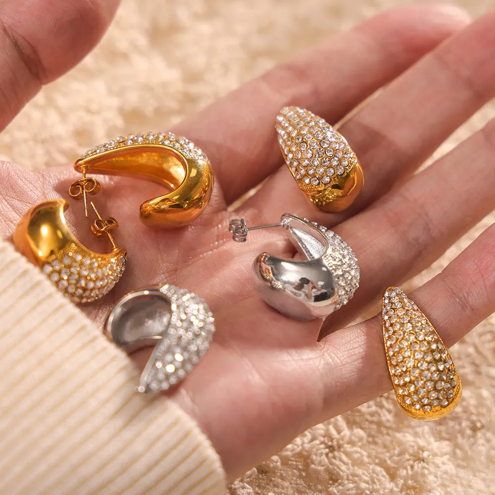 Water Cascading Zircon Drop Earrings in Gold Plated Titanium Steel