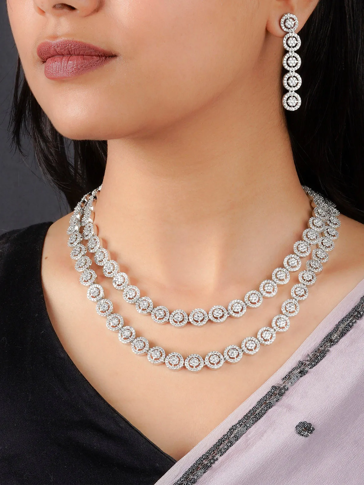 White Color Silver Plated Faux Diamond Necklace Set - CZSET309