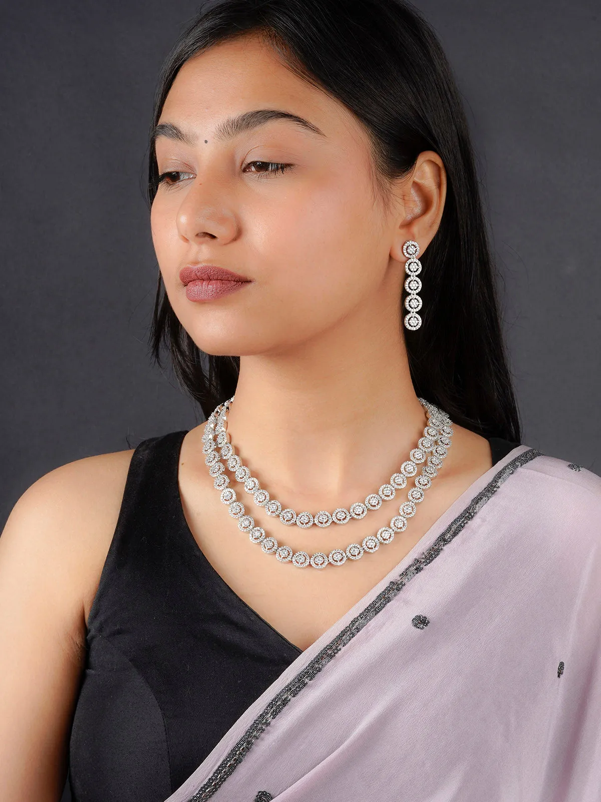 White Color Silver Plated Faux Diamond Necklace Set - CZSET309