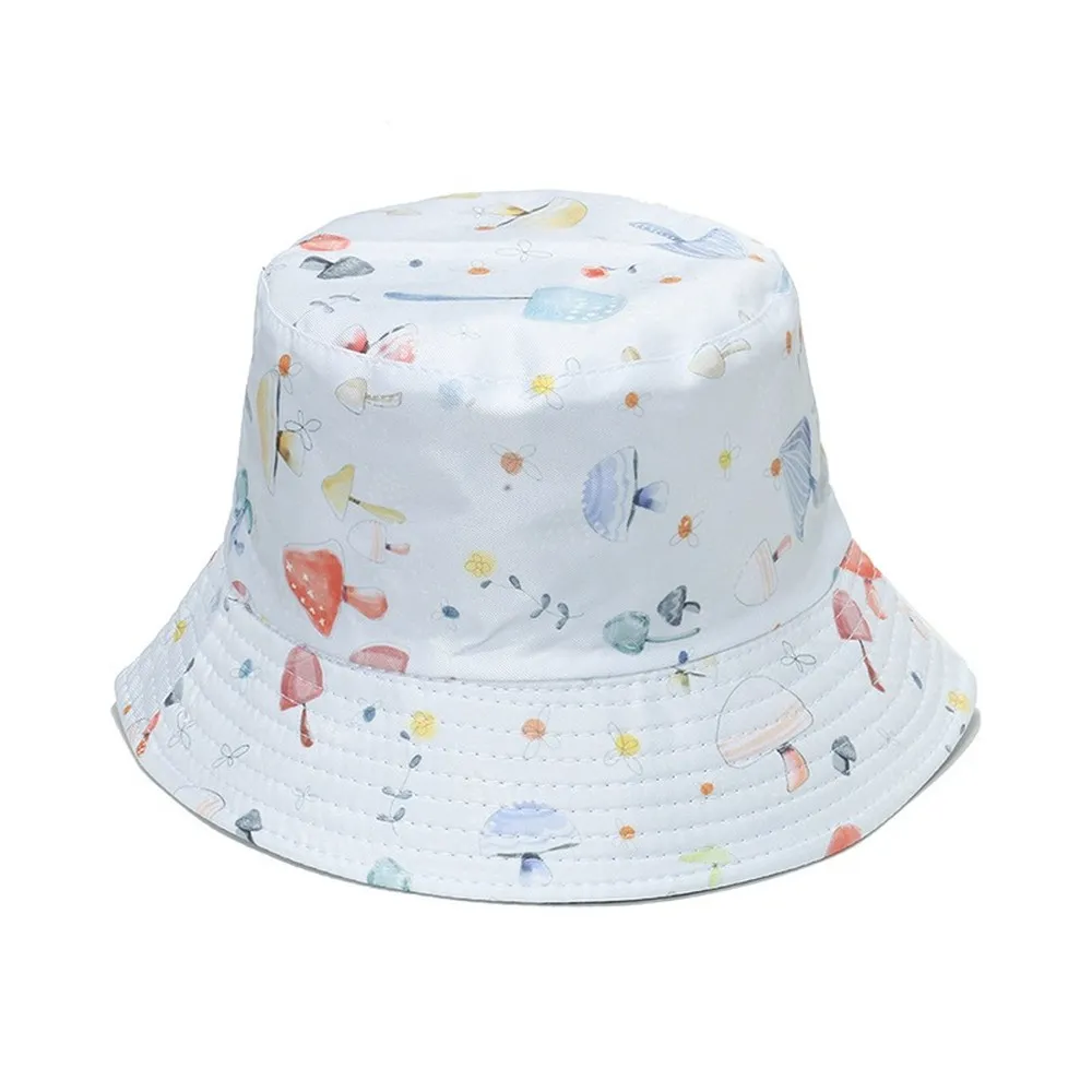 White Cute Mushroom Print Bucket Hat