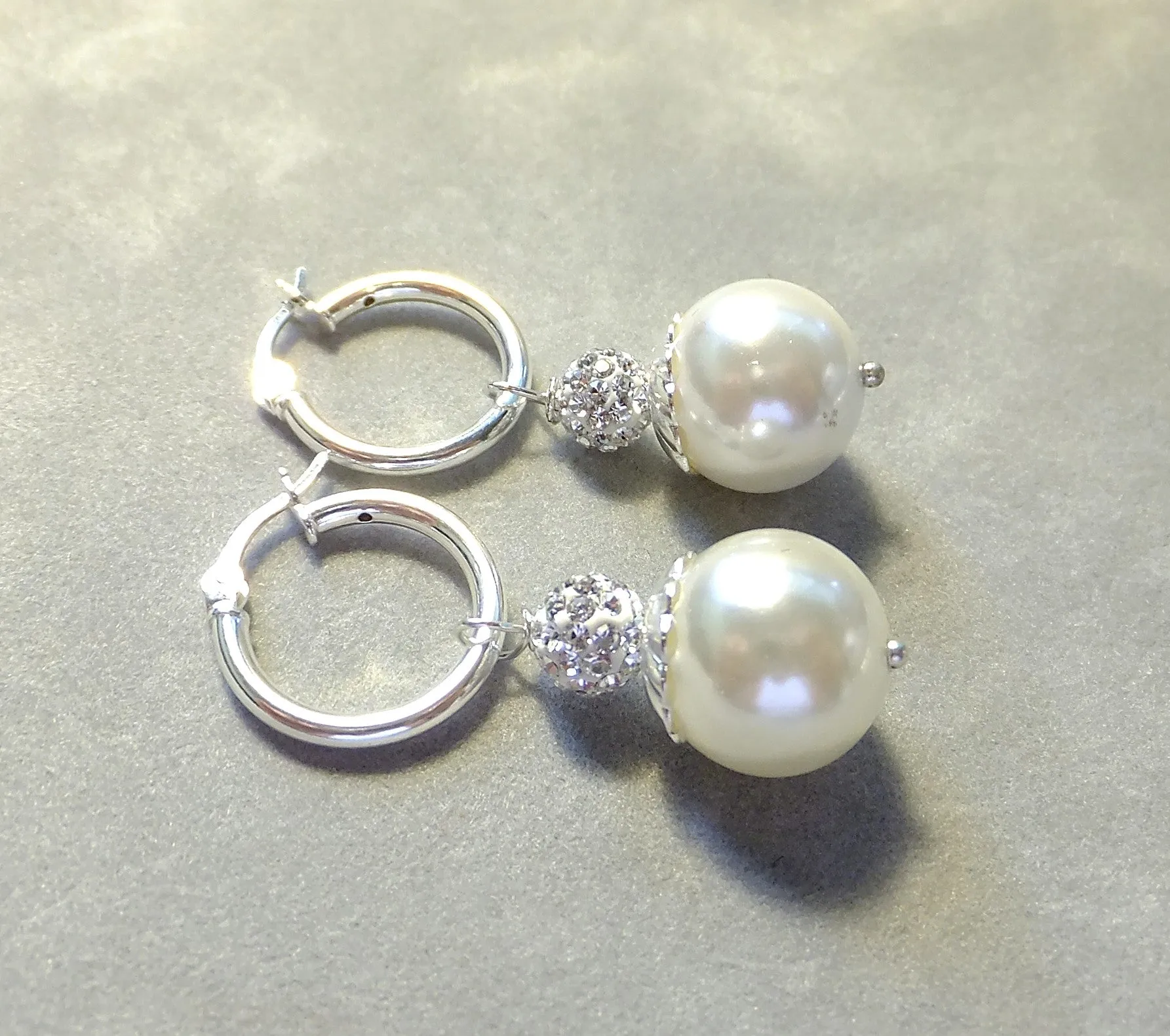 White Mother Of Pearl and Swarovski Crystal Sterling silver Hoop Earrings