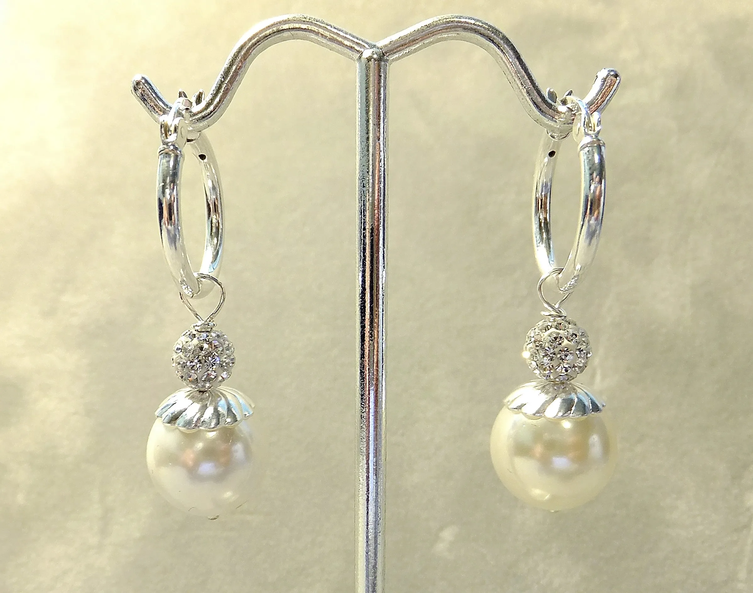 White Mother Of Pearl and Swarovski Crystal Sterling silver Hoop Earrings