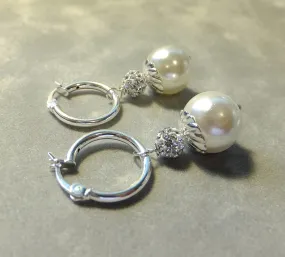 White Mother Of Pearl and Swarovski Crystal Sterling silver Hoop Earrings