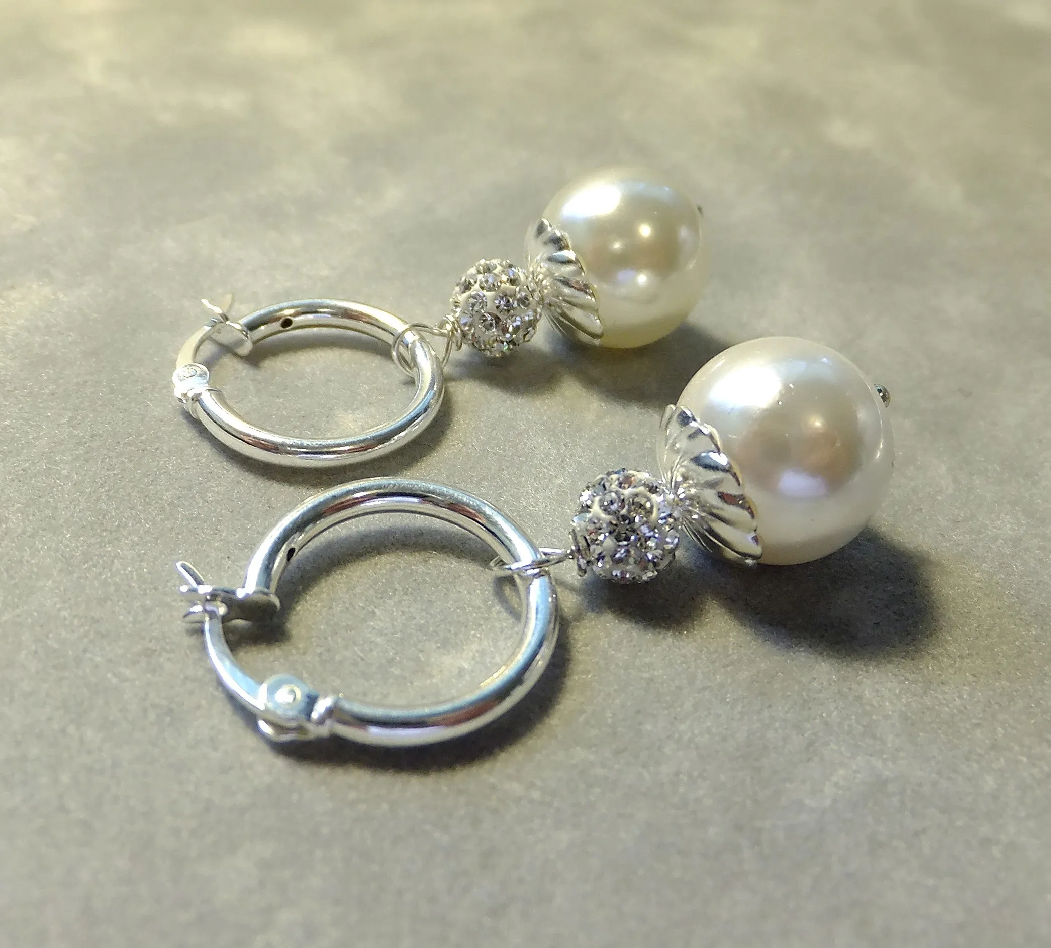 White Mother Of Pearl and Swarovski Crystal Sterling silver Hoop Earrings