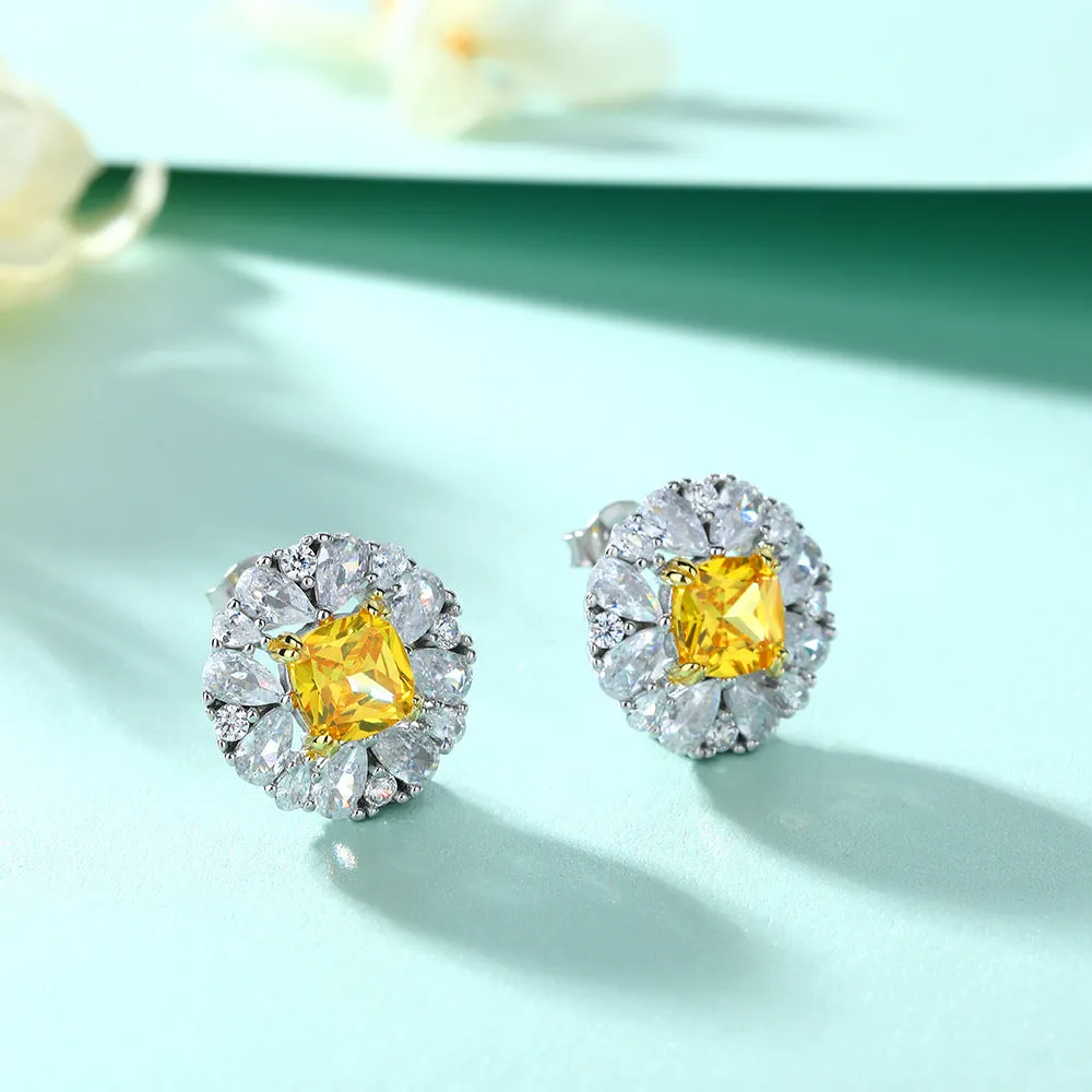 Yellow Zircon Soleste Halo Flower Shaped Silver Studs Earrings for Women