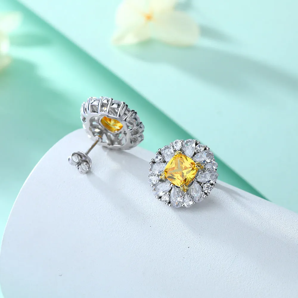 Yellow Zircon Soleste Halo Flower Shaped Silver Studs Earrings for Women