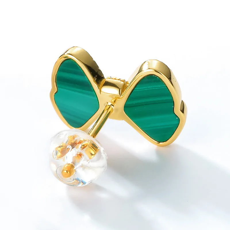 Zircon Malachite Bowknot Sterling Silver Stud Earrings