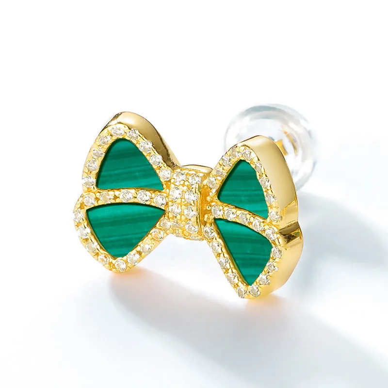 Zircon Malachite Bowknot Sterling Silver Stud Earrings