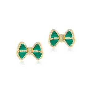 Zircon Malachite Bowknot Sterling Silver Stud Earrings