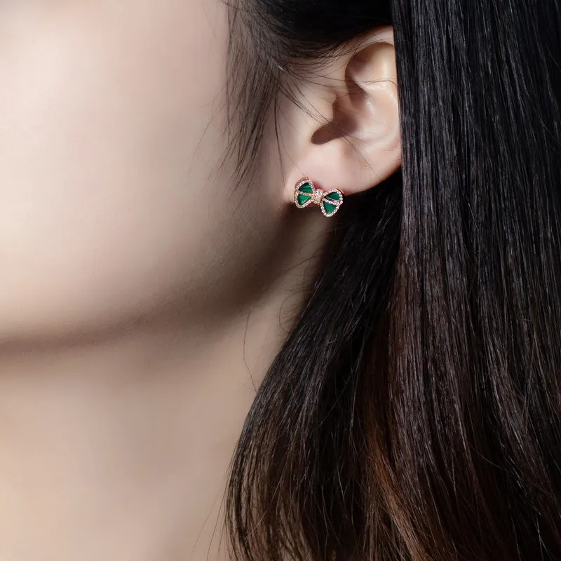 Zircon Malachite Bowknot Sterling Silver Stud Earrings