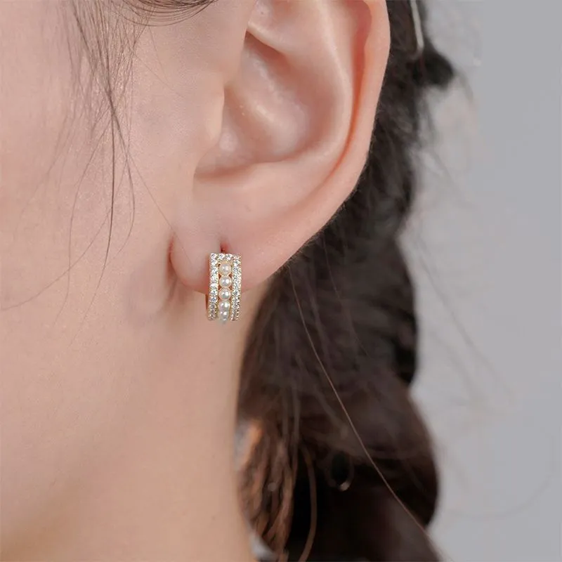 Zircon Pearl Silver Hoop Earrings