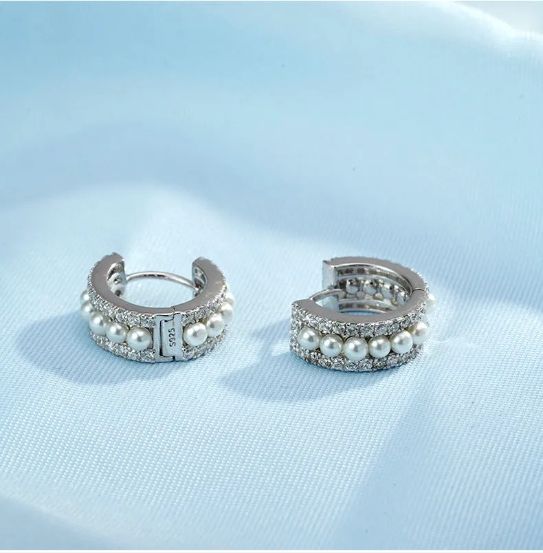 Zircon Pearl Silver Hoop Earrings