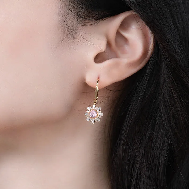 Zircon Pink Sun Flower Pendant Sterling Silver Drop Earrings