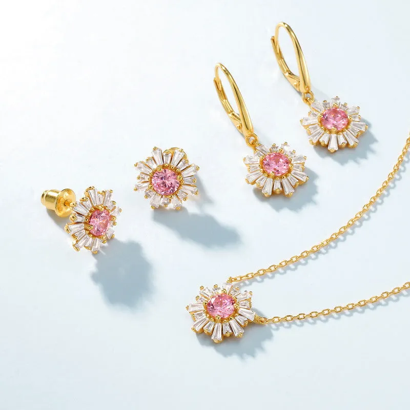 Zircon Pink Sun Flower Pendant Sterling Silver Drop Earrings