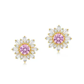 Zircon Pink Sun Flower Sterling Silver Stud Earrings