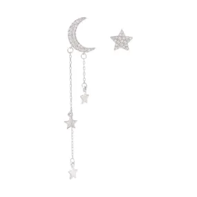 Zircon Star Moon Tassels Asymmetric Silver Drop Earrings for Women