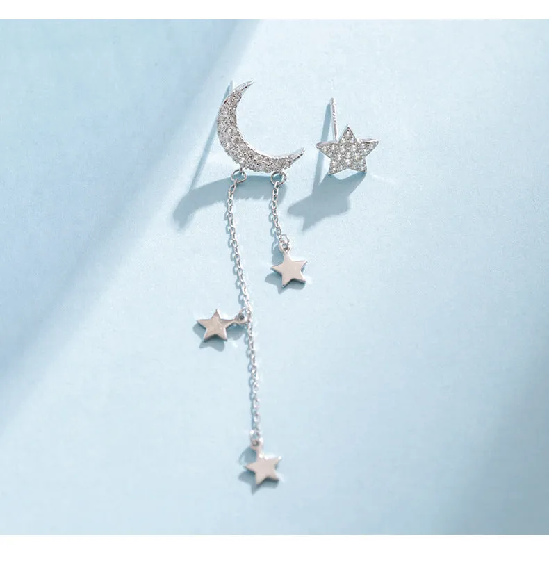 Zircon Star Moon Tassels Asymmetric Silver Drop Earrings for Women